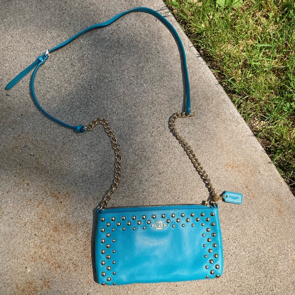 Coach Quinn Teal Blue Metal Bubble Studded Soft Leather Small Crossbody Purse - Picture 5 of 17
